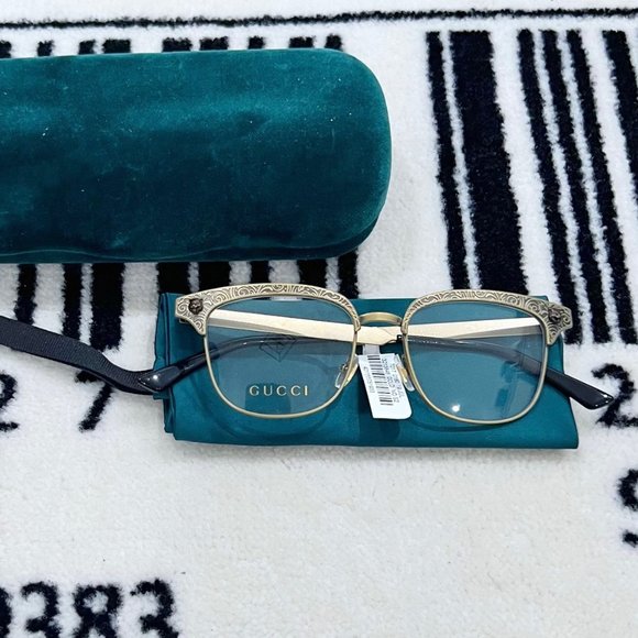 Gucci Gold 3D Tiger Head Logo Engraved Metal Frame Eyeglasses - Picture 1 of 10